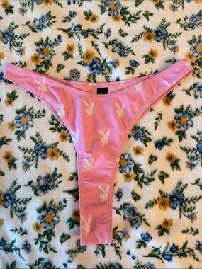 PLAYBOY Pink Bikini Thong with White Bunny Print